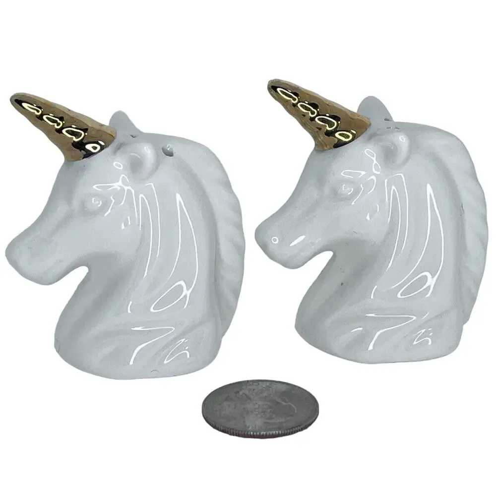 Porcelain Unicorn Salt & Pepper Shakers with Gold Horns, Whimsical Decor Vintage